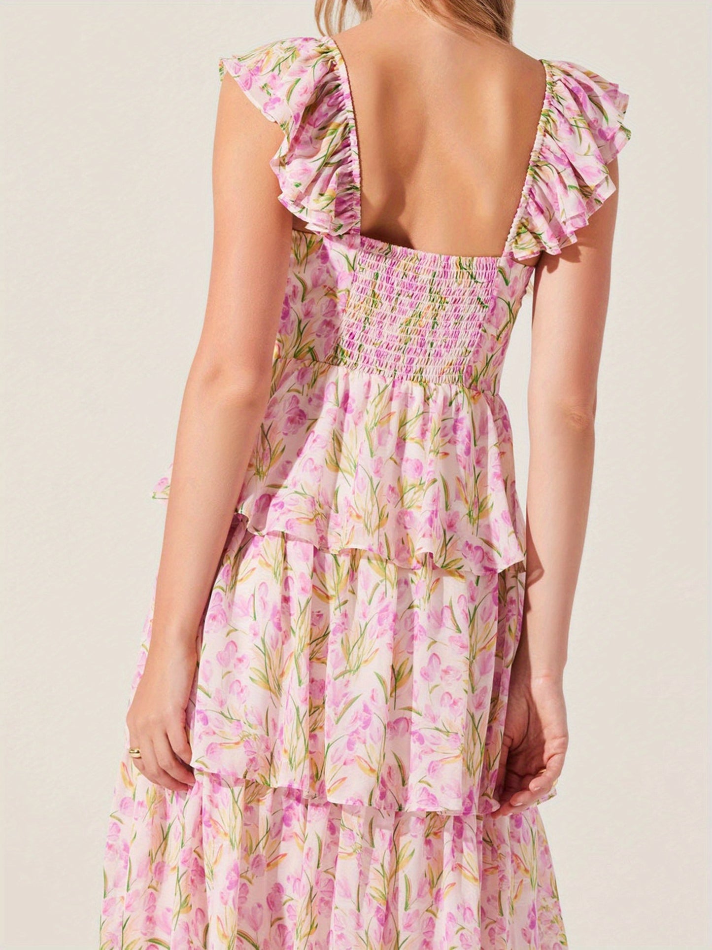 Women'S Floral Dress Stylish Multi-Layered Ruffles Split Cap Sleeve Long A-Line Dress for Spring Summer
