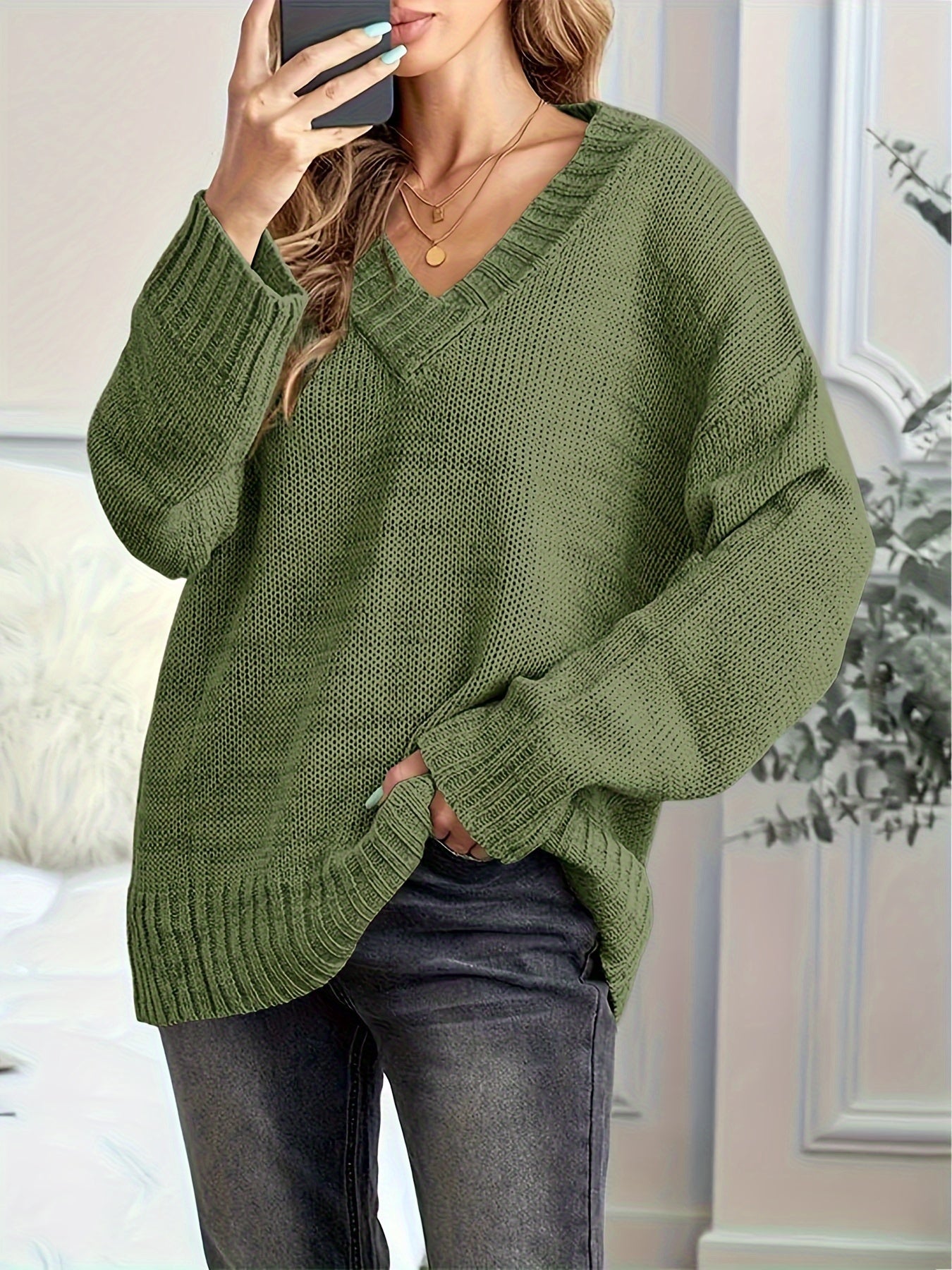 Womens Loose Sweaters Sexy V Neck Long Sleeve Solid Knitted Jumper Pullover Sweatshirt Tops