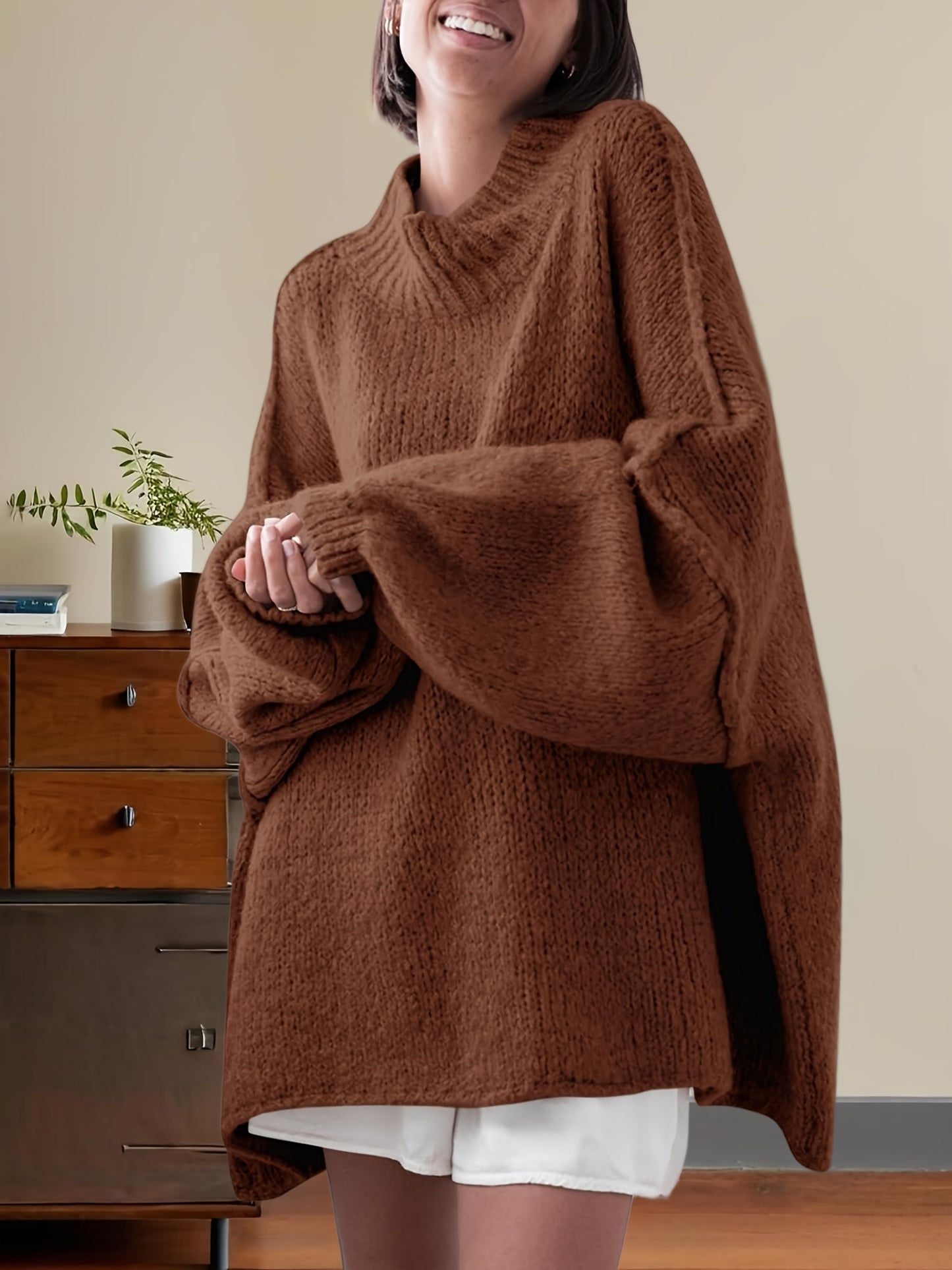 Women'S Oversized Batwing Sweater - Soft Stretchy Ribbed Tunic with Mock Neck & Asymmetrical Hem