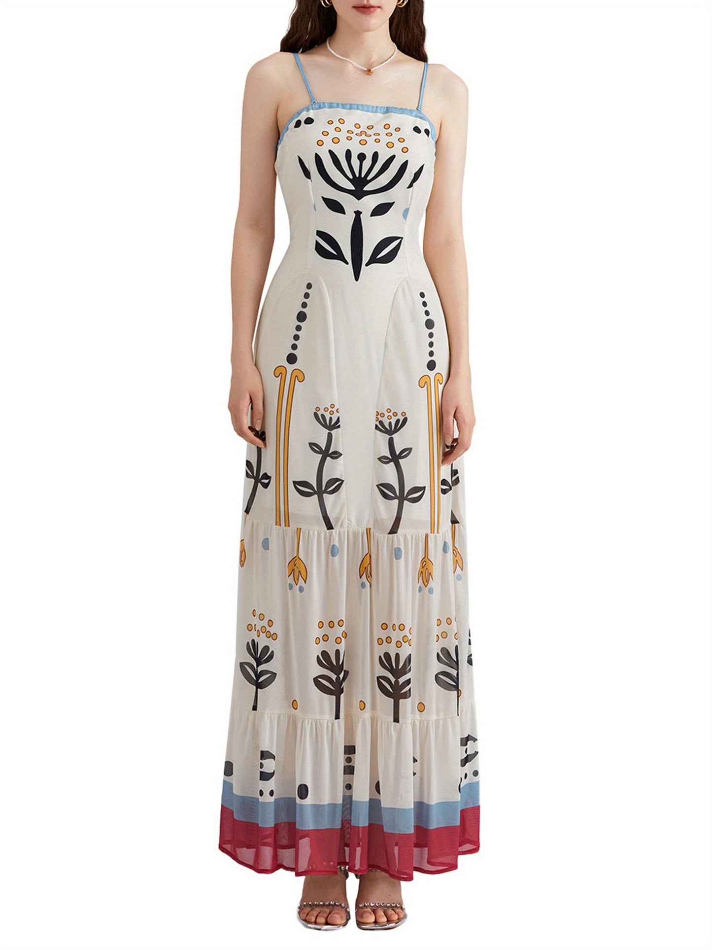 1pc Bohemian Floral Print Maxi Dress, Polyester Spaghetti Strap Fitted Elegant Gown for Women