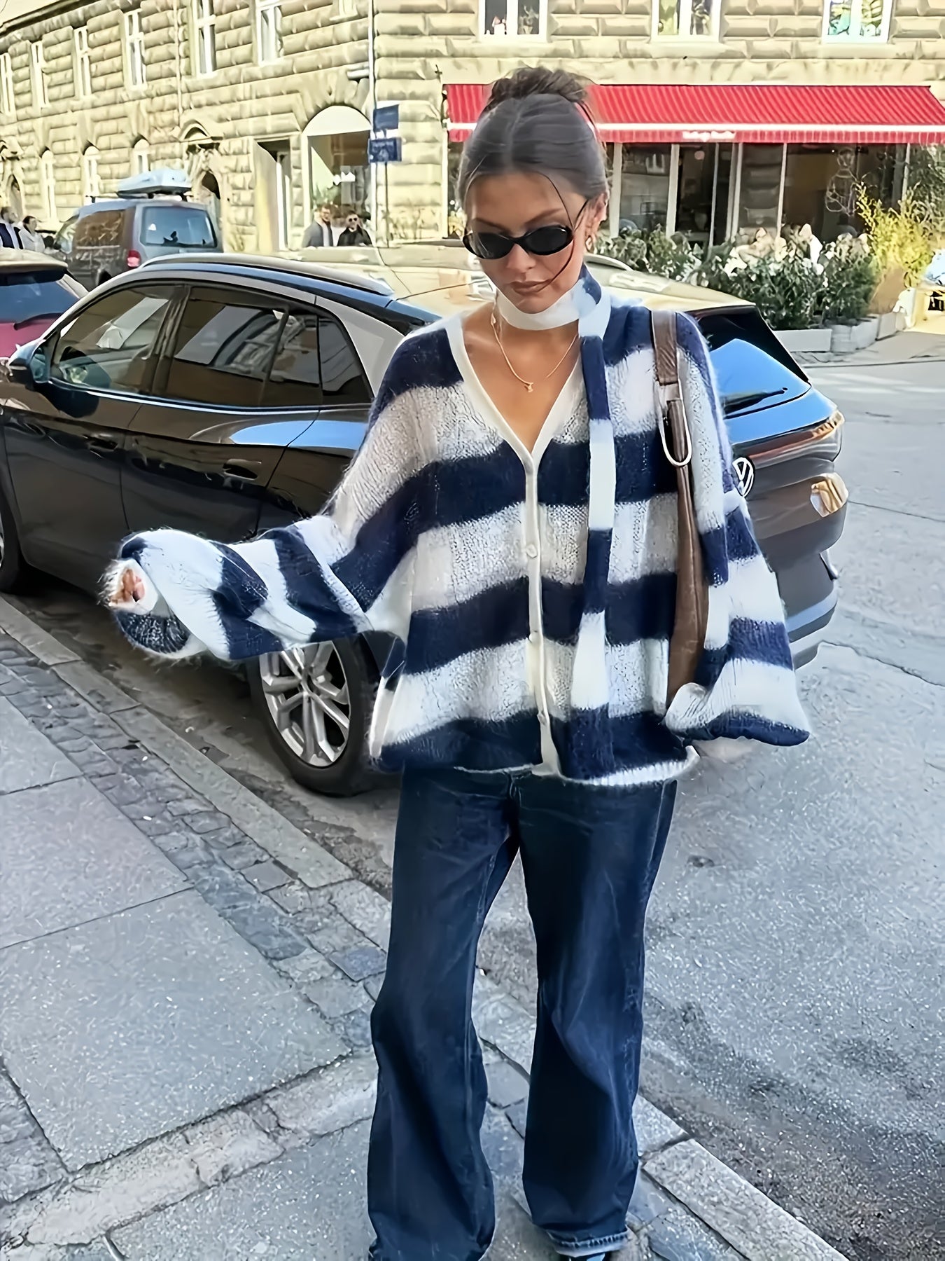 Women'S Elegant Striped Color-Block Cardigan - Open Front Button Closure