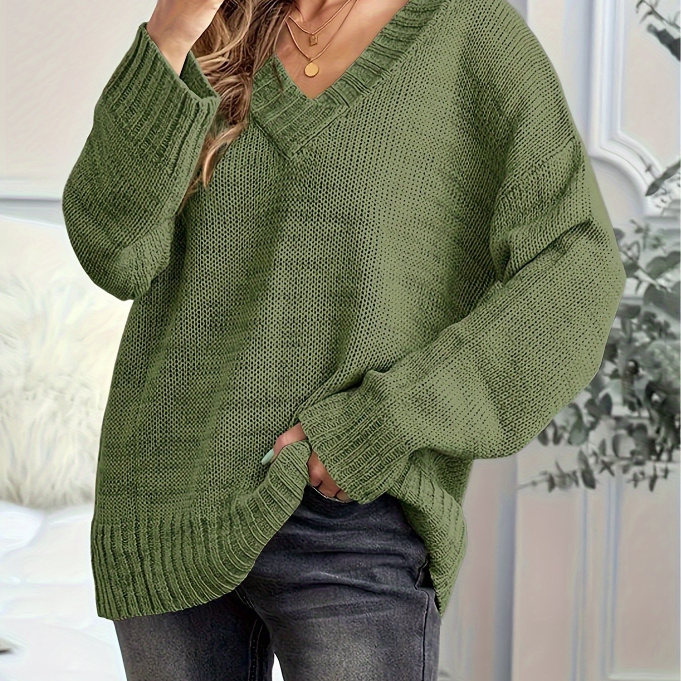 Womens Loose Sweaters Sexy V Neck Long Sleeve Solid Knitted Jumper Pullover Sweatshirt Tops