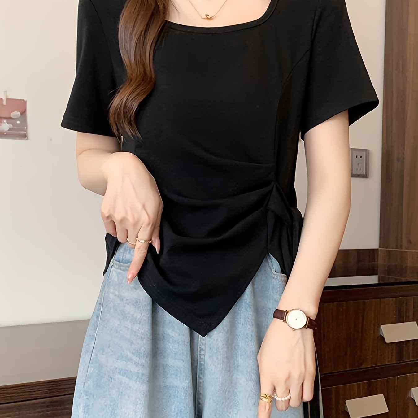 Women'S Light Blue Asymmetrical Short Sleeve Top with Tie-Waist Detail - Casual Summer Blouse