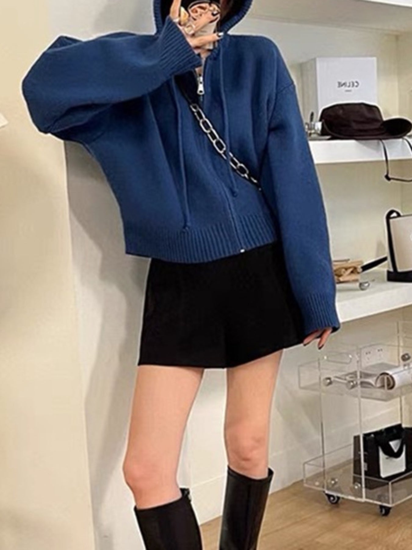 Women's Short Zippered Hooded Cardigan Sweater Coat - Belted Waist Slim-Fit Jacket