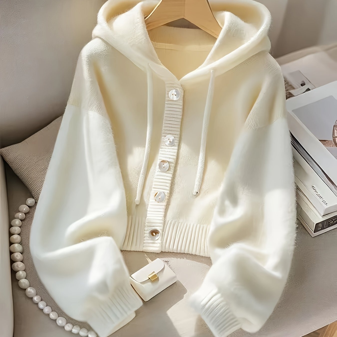 Women'S Ivory Yellow Oversized Hooded Cardigan - Soft Button-Front Sweater with Chest Pocket