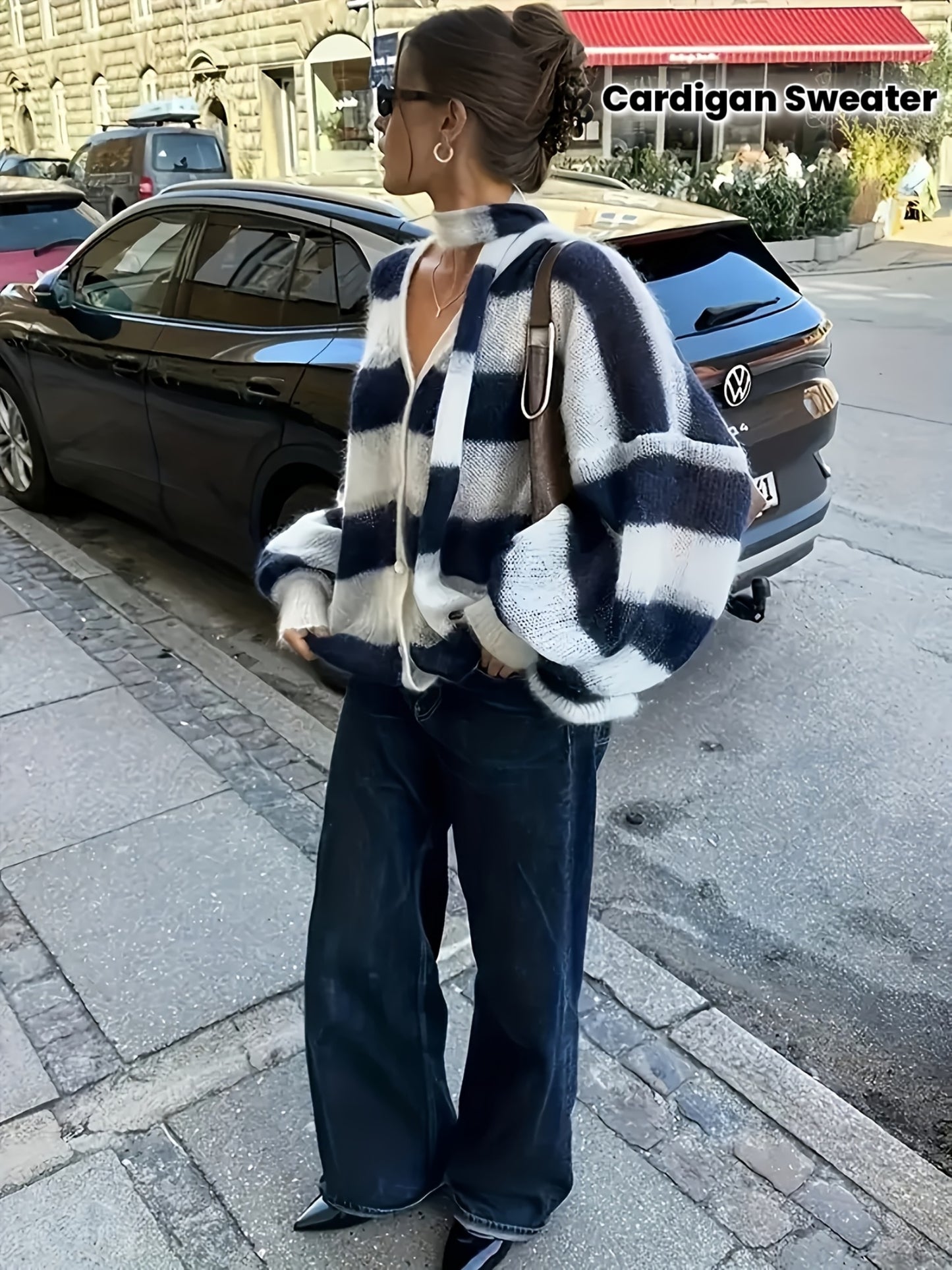 Women'S Elegant Striped Color-Block Cardigan - Open Front Button Closure