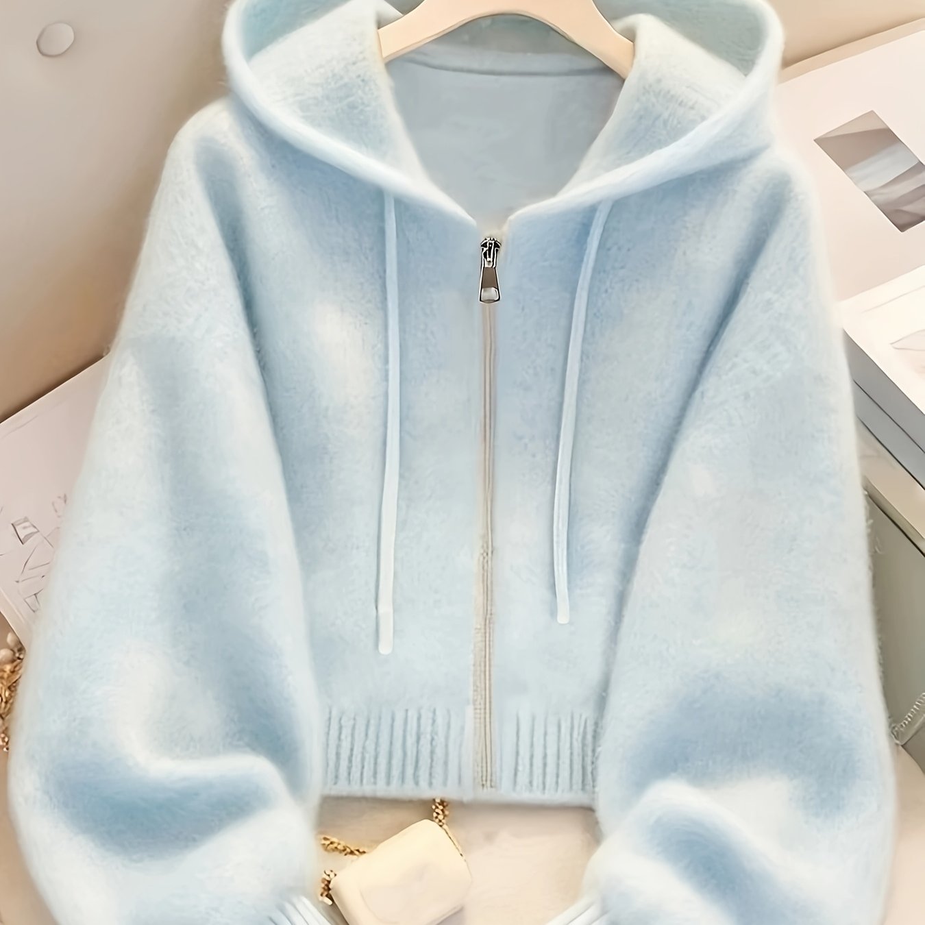 Women's Soft Pink Zip-Up Hooded Cardigan - Casual Chic Long Sleeve Open Front Sweater with Medium Stretch