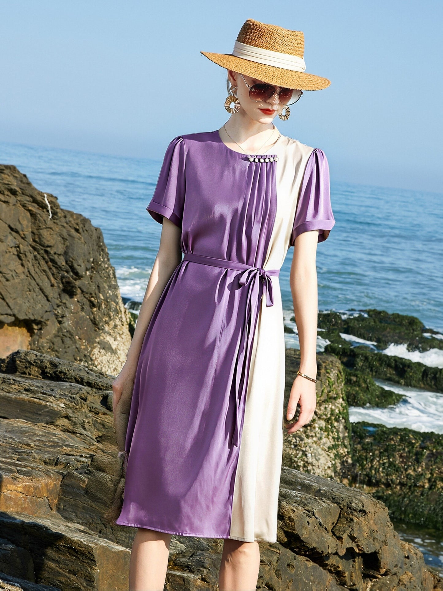 Women's Elegant Heavyweight Mulberry Silky Dress - 2025 New Design A-Line Short Sleeve -Length Formal