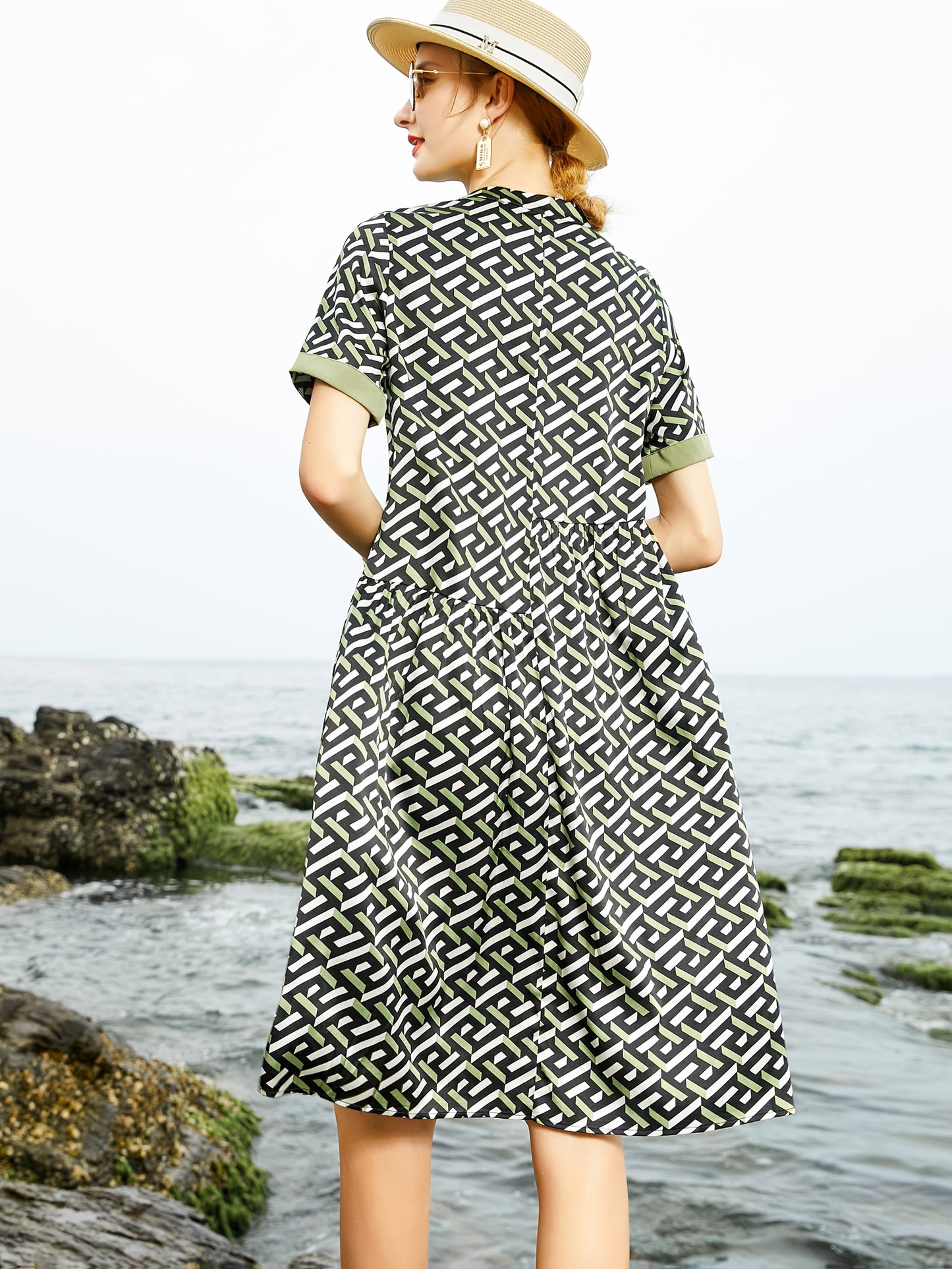 Women'S Elegant Black & Green Floral-like print - Breathable Formal & Casual Dresses