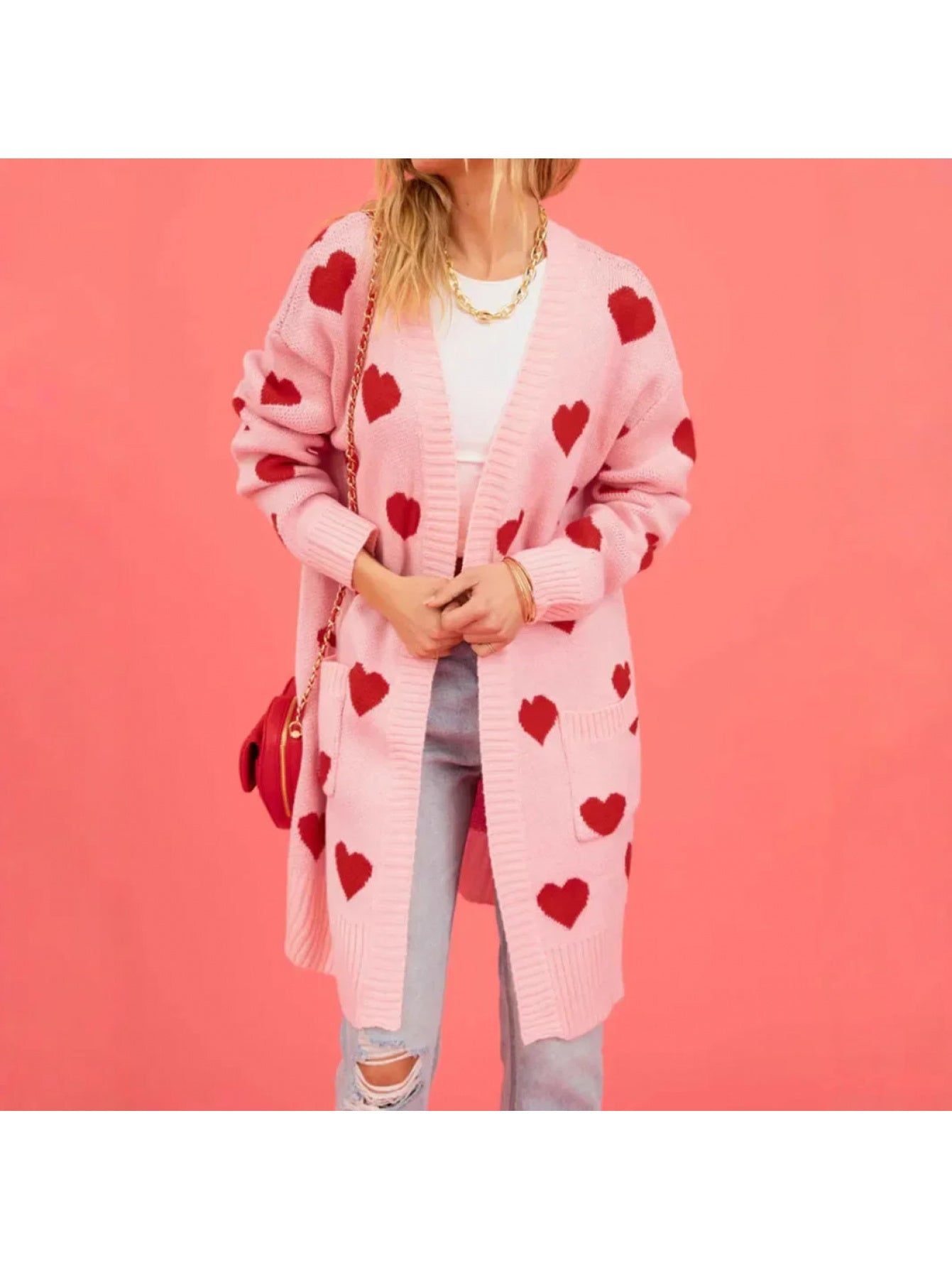 Women'S Soft Pink Cardigan Sweater - Buttonless Open Front Design with Heart Pattern