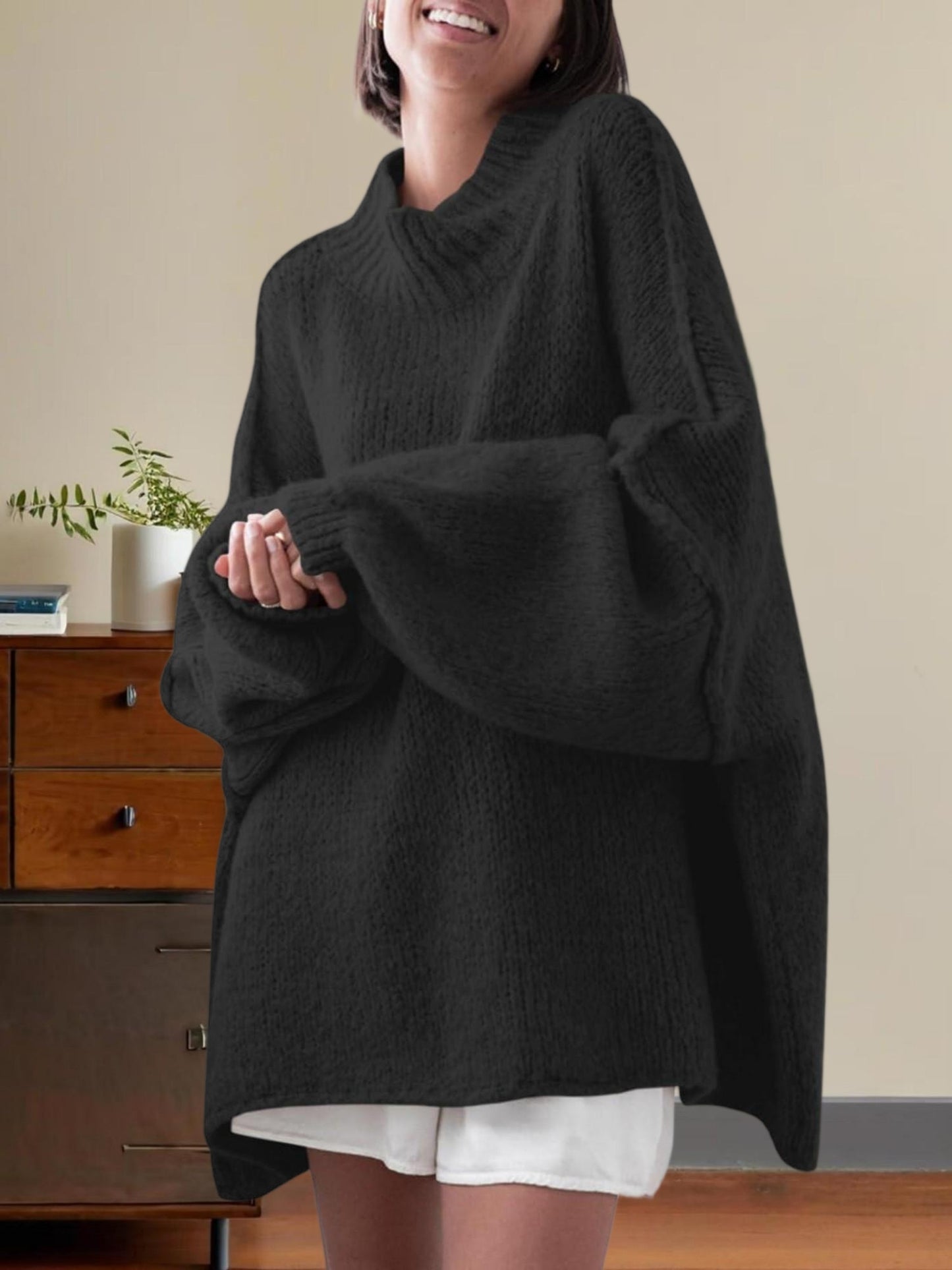 Women'S Oversized Batwing Sweater - Soft Stretchy Ribbed Tunic with Mock Neck & Asymmetrical Hem