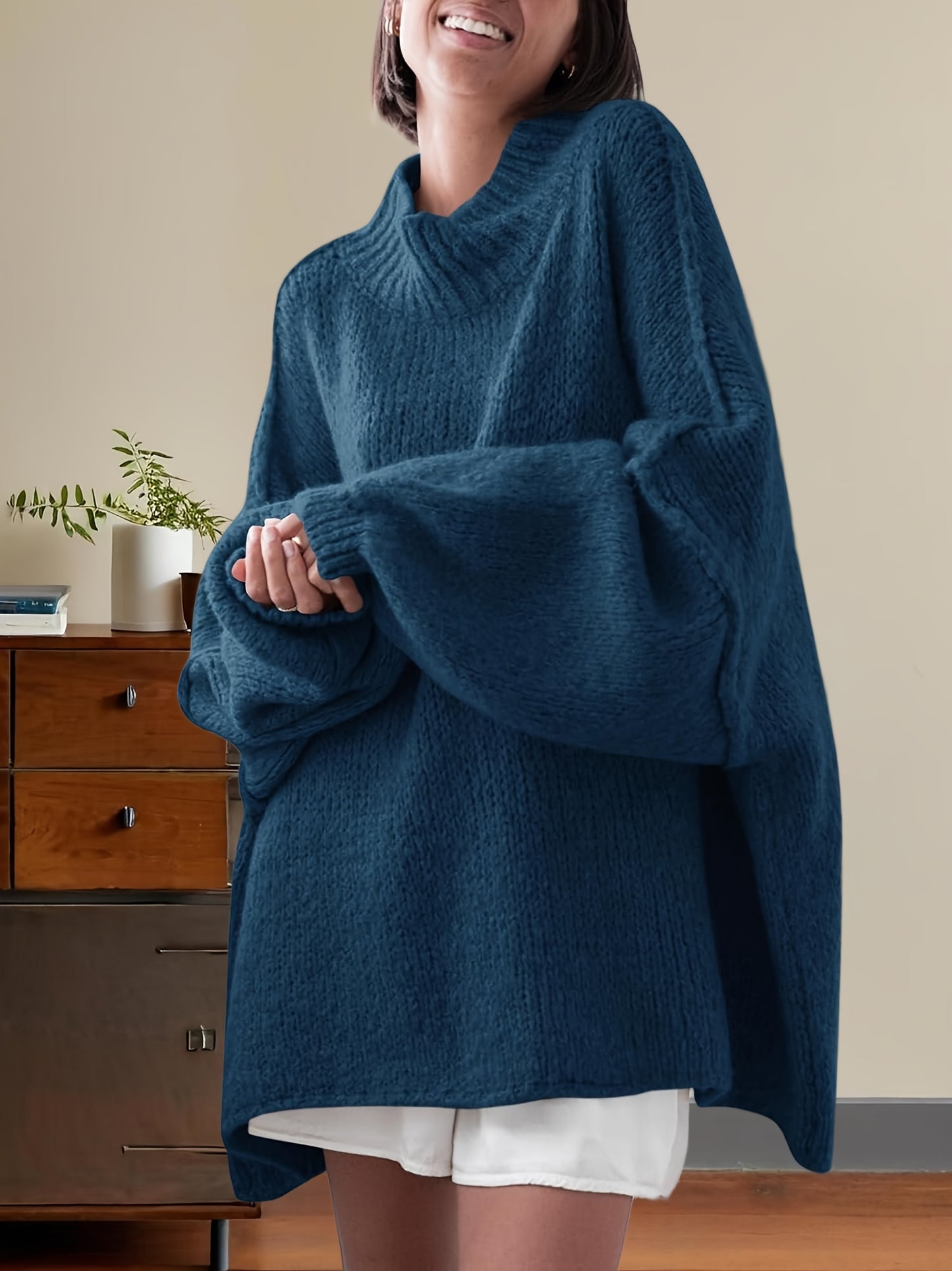Women'S Oversized Batwing Sweater - Soft Stretchy Ribbed Tunic with Mock Neck & Asymmetrical Hem