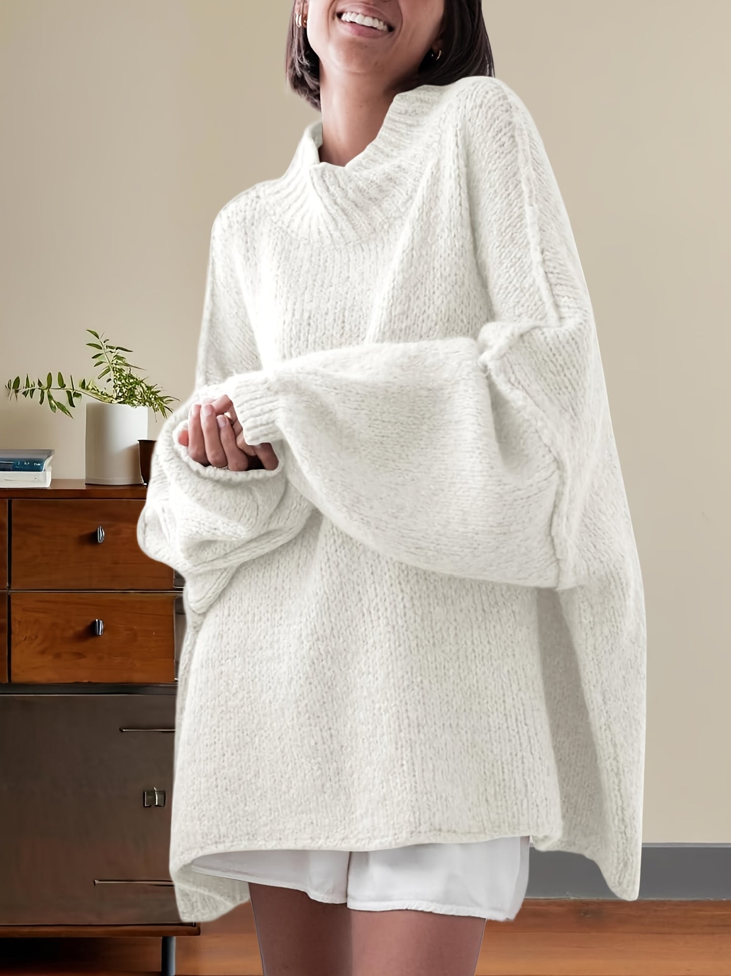 Women'S Oversized Batwing Sweater - Soft Stretchy Ribbed Tunic with Mock Neck & Asymmetrical Hem
