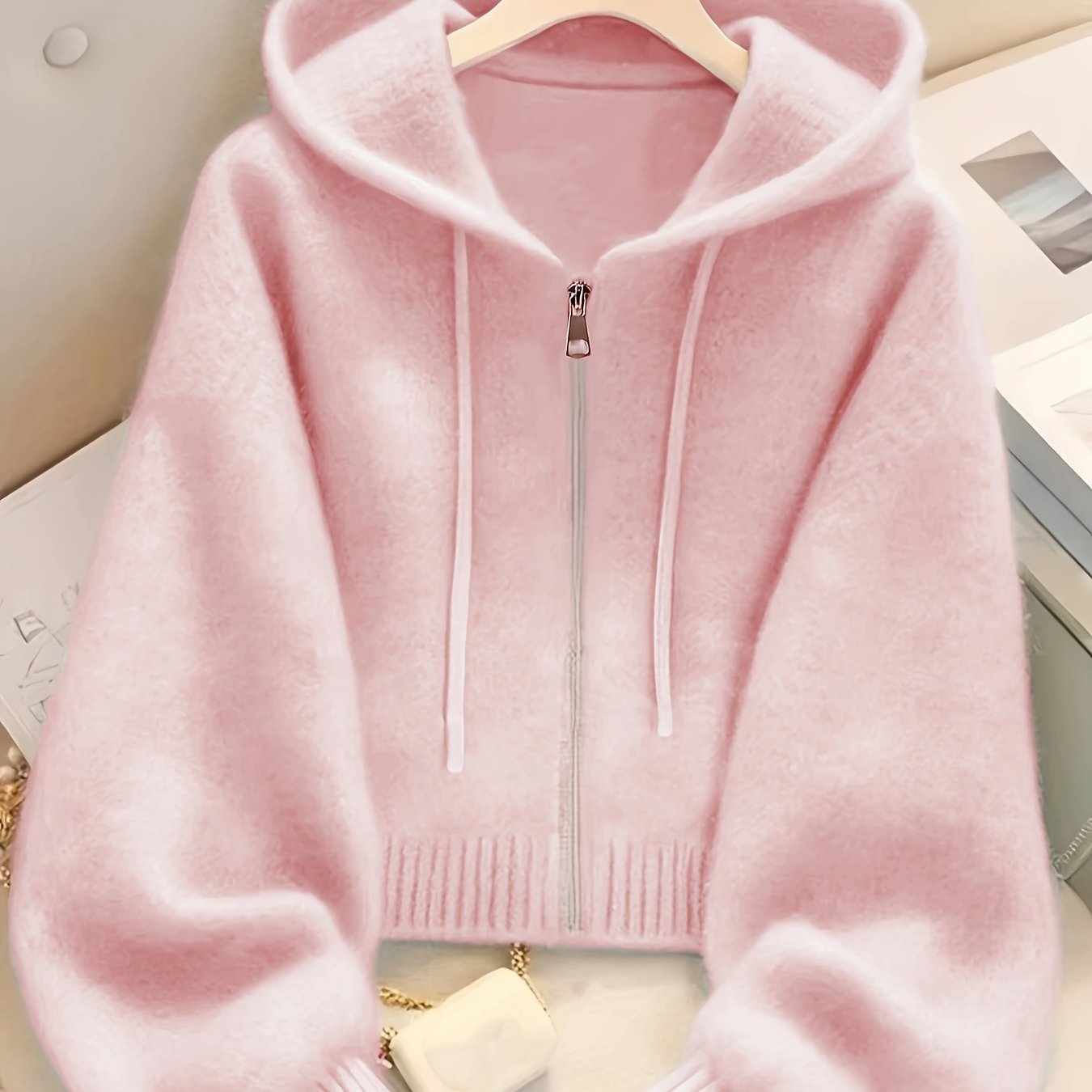 Women's Soft Pink Zip-Up Hooded Cardigan - Casual Chic Long Sleeve Open Front Sweater with Medium Stretch