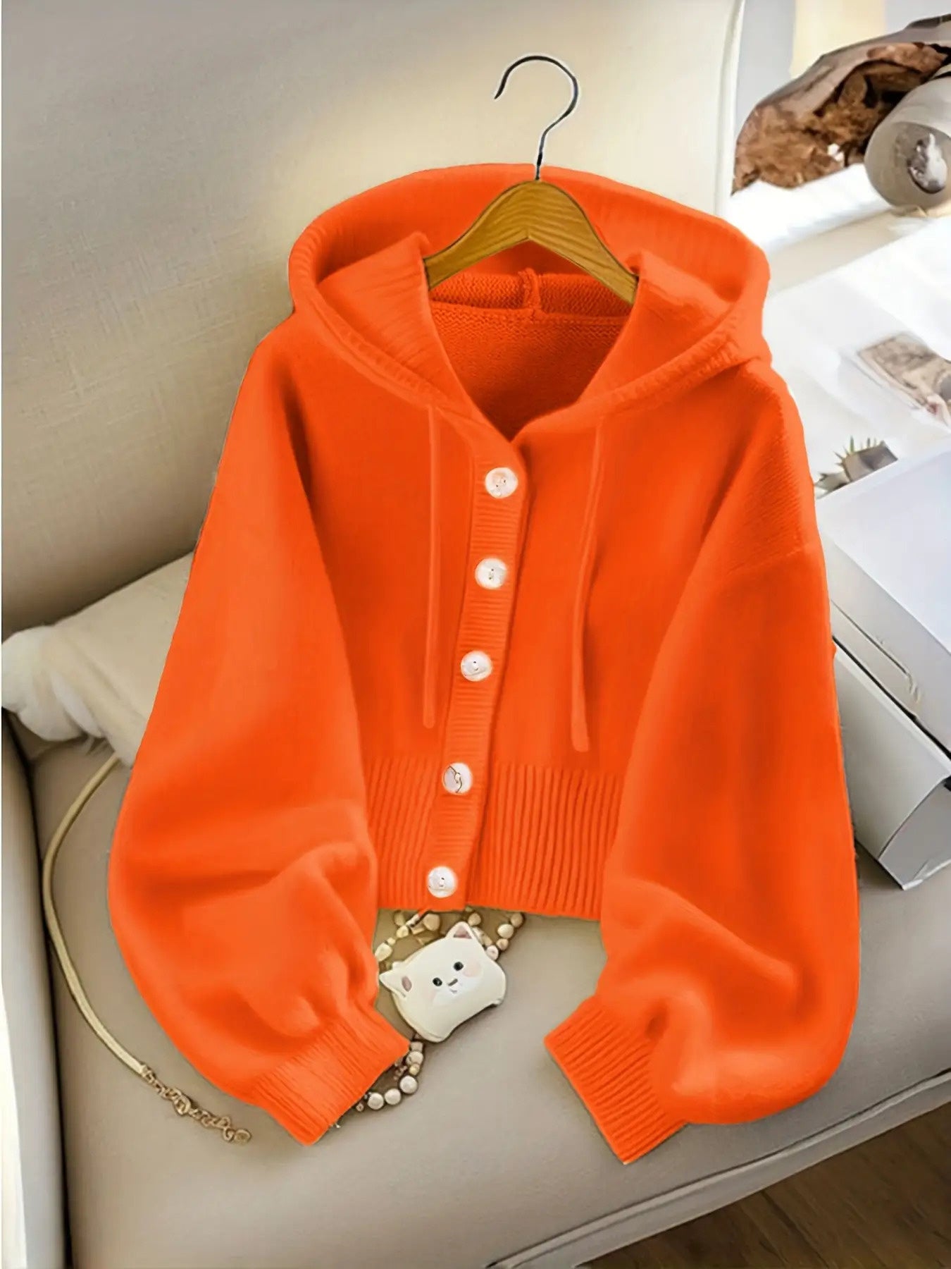 Women'S Ivory Yellow Oversized Hooded Cardigan - Soft Button-Front Sweater with Chest Pocket