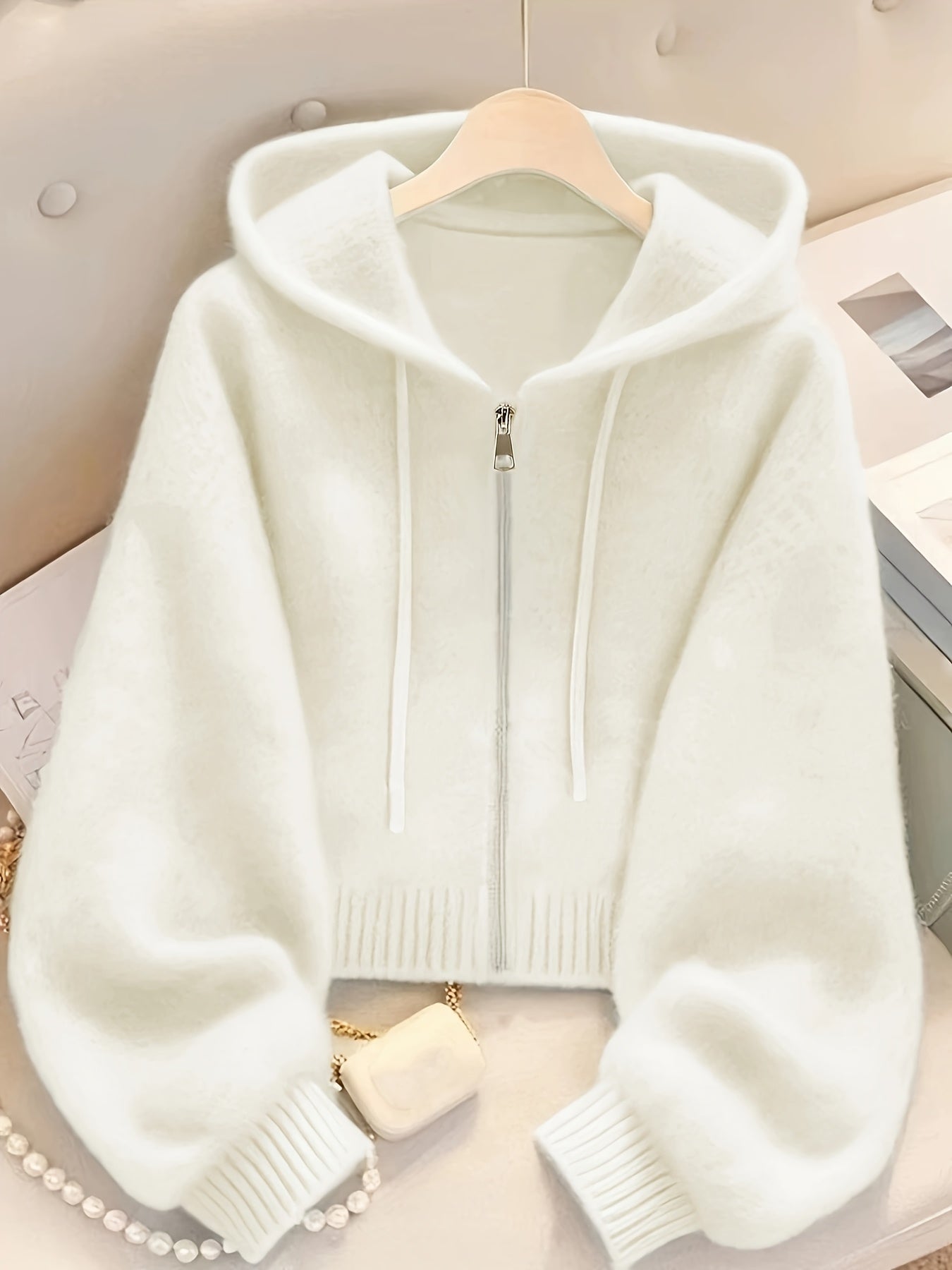 Women's Soft Pink Zip-Up Hooded Cardigan - Casual Chic Long Sleeve Open Front Sweater with Medium Stretch