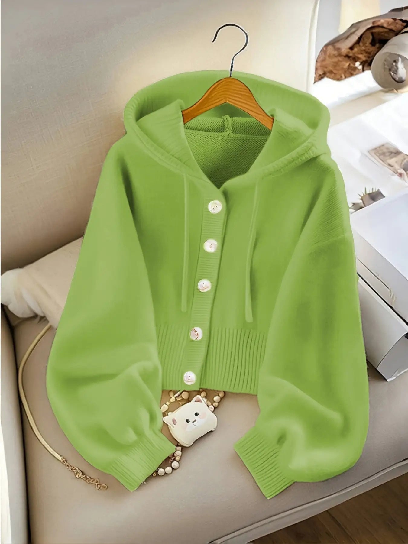 Women'S Ivory Yellow Oversized Hooded Cardigan - Soft Button-Front Sweater with Chest Pocket