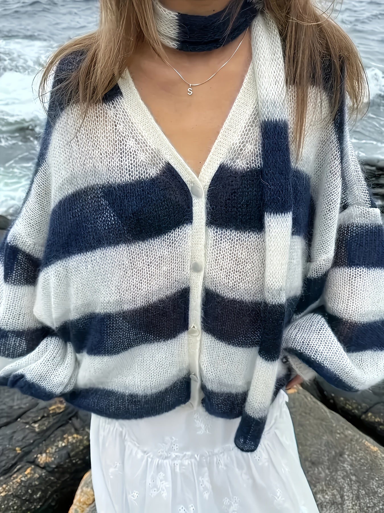 Women'S Elegant Striped Color-Block Cardigan - Open Front Button Closure