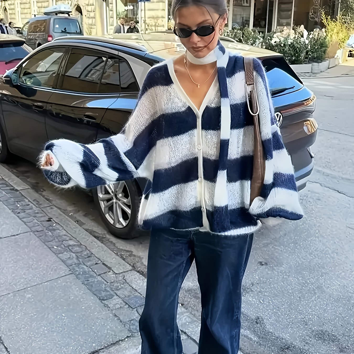 Women'S Elegant Striped Color-Block Cardigan - Open Front Button Closure