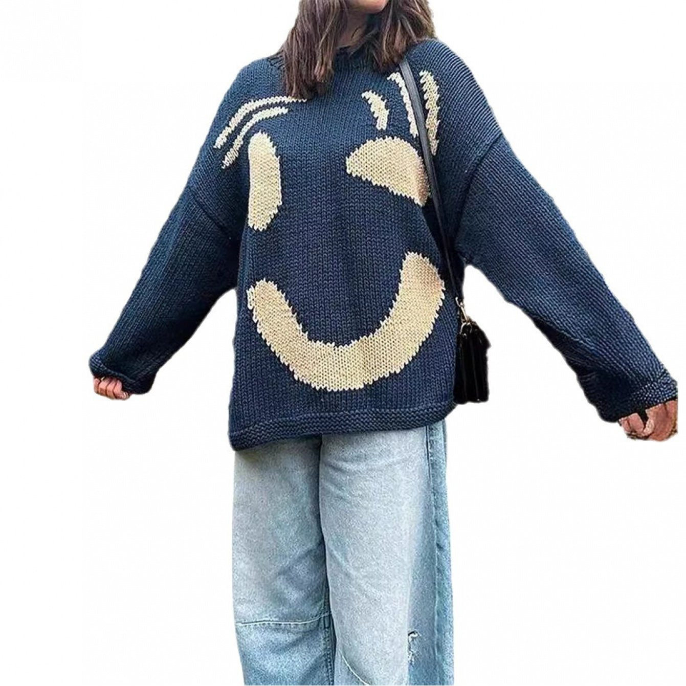 Women's 2025 New Style Smiling Face & joyful Contrast Color Block Sweater - Turquoise Blue & Mustard-Yellow joyful Design