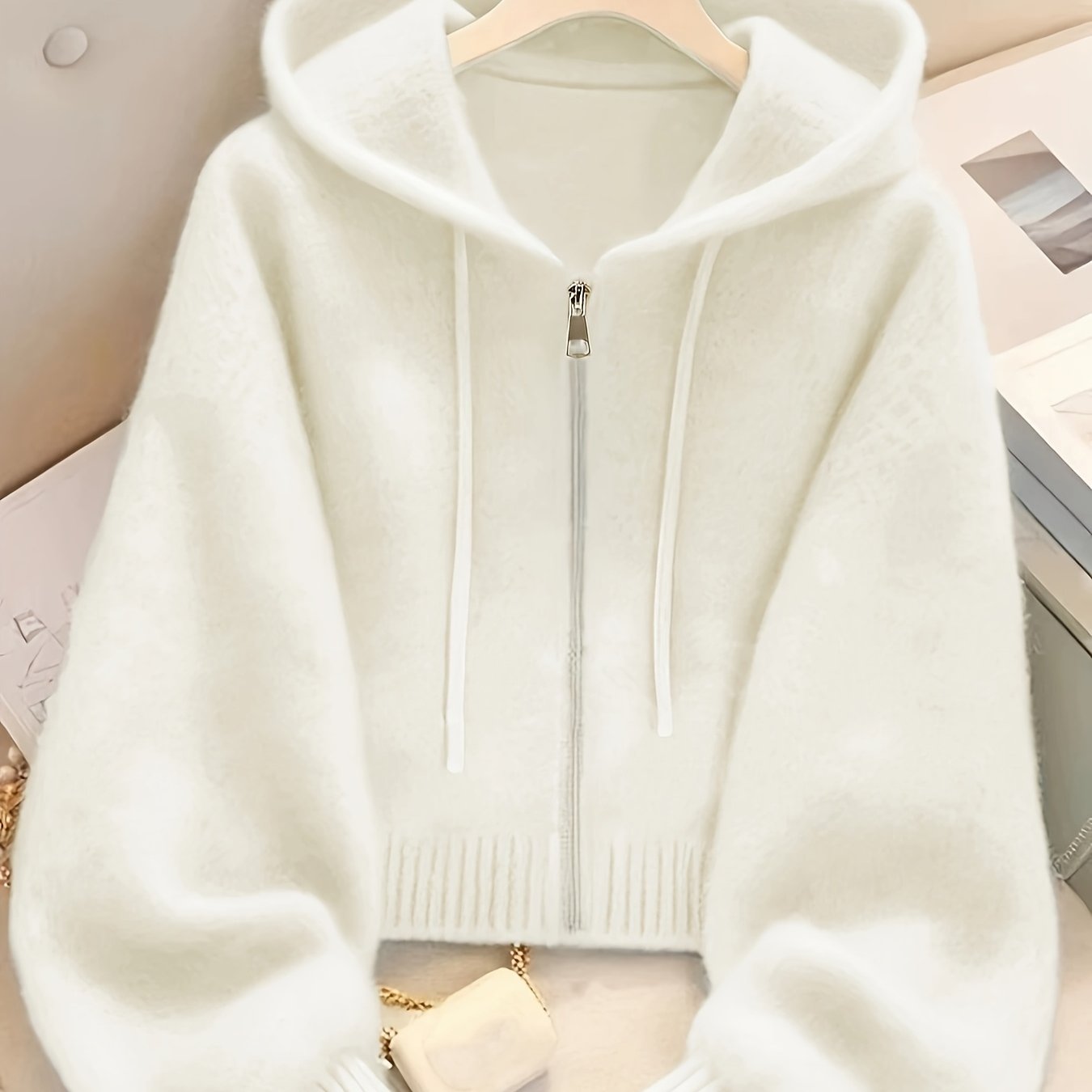 Women's Soft Pink Zip-Up Hooded Cardigan - Casual Chic Long Sleeve Open Front Sweater with Medium Stretch