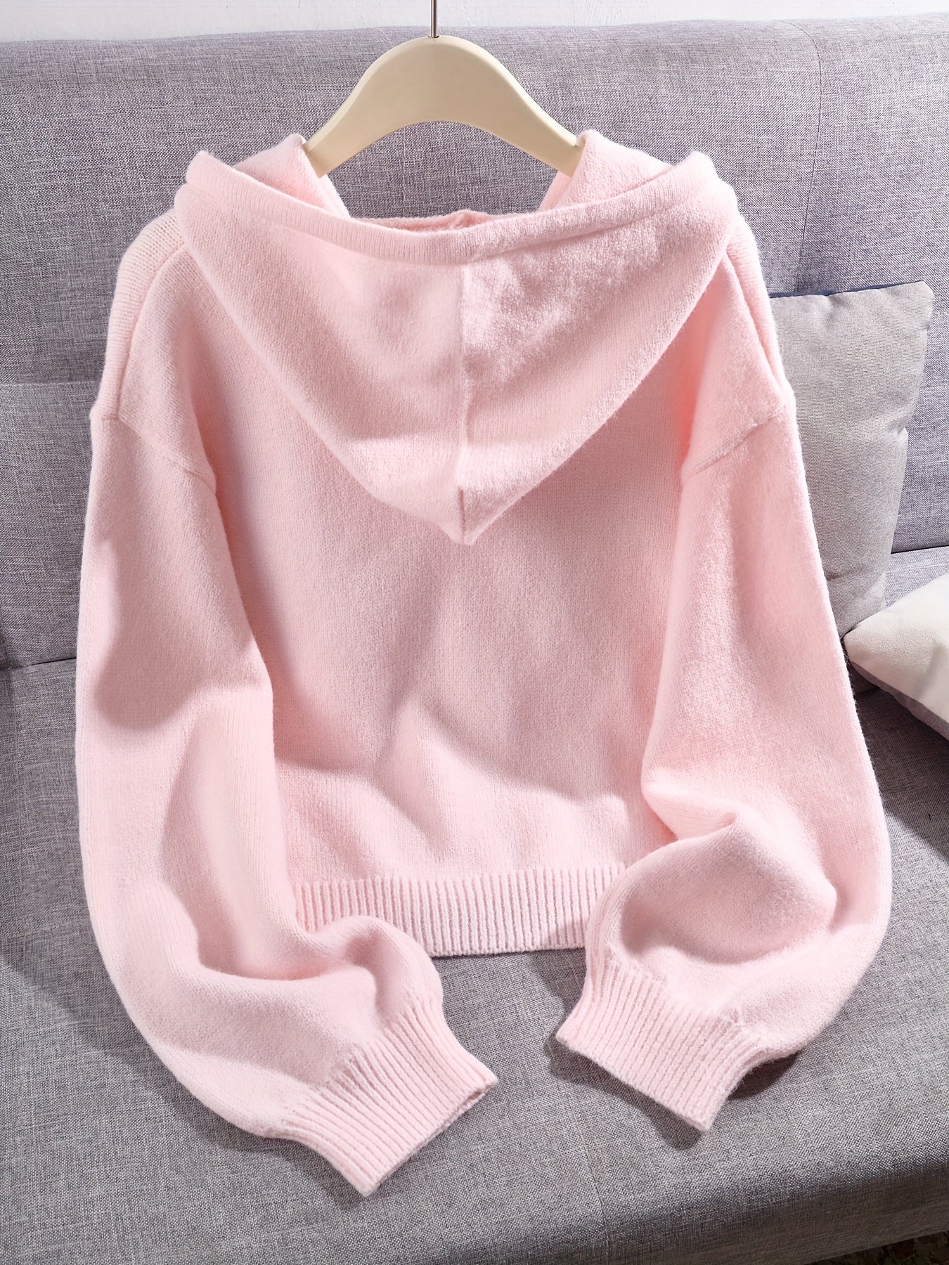 Women's Soft Pink Zip-Up Hooded Cardigan - Casual Chic Long Sleeve Open Front Sweater with Medium Stretch