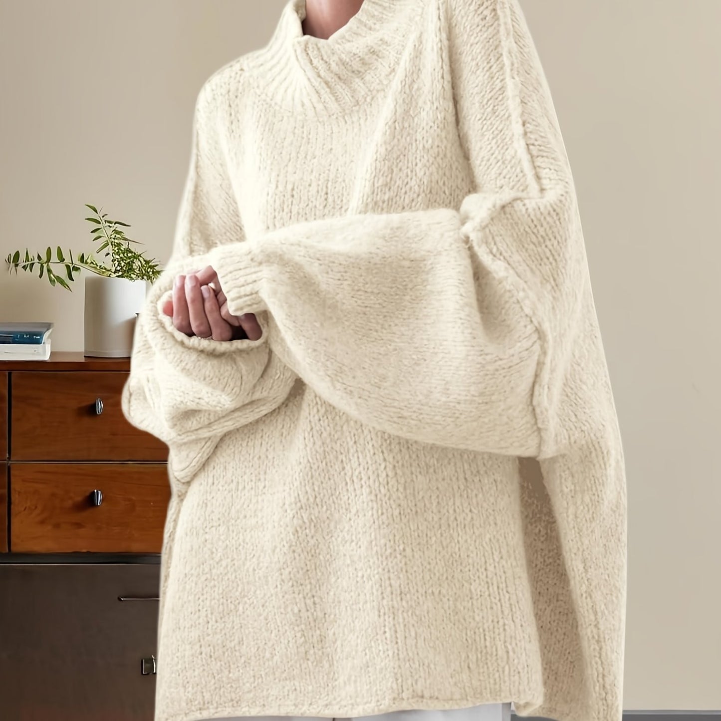 Women'S Oversized Batwing Sweater - Soft Stretchy Ribbed Tunic with Mock Neck & Asymmetrical Hem