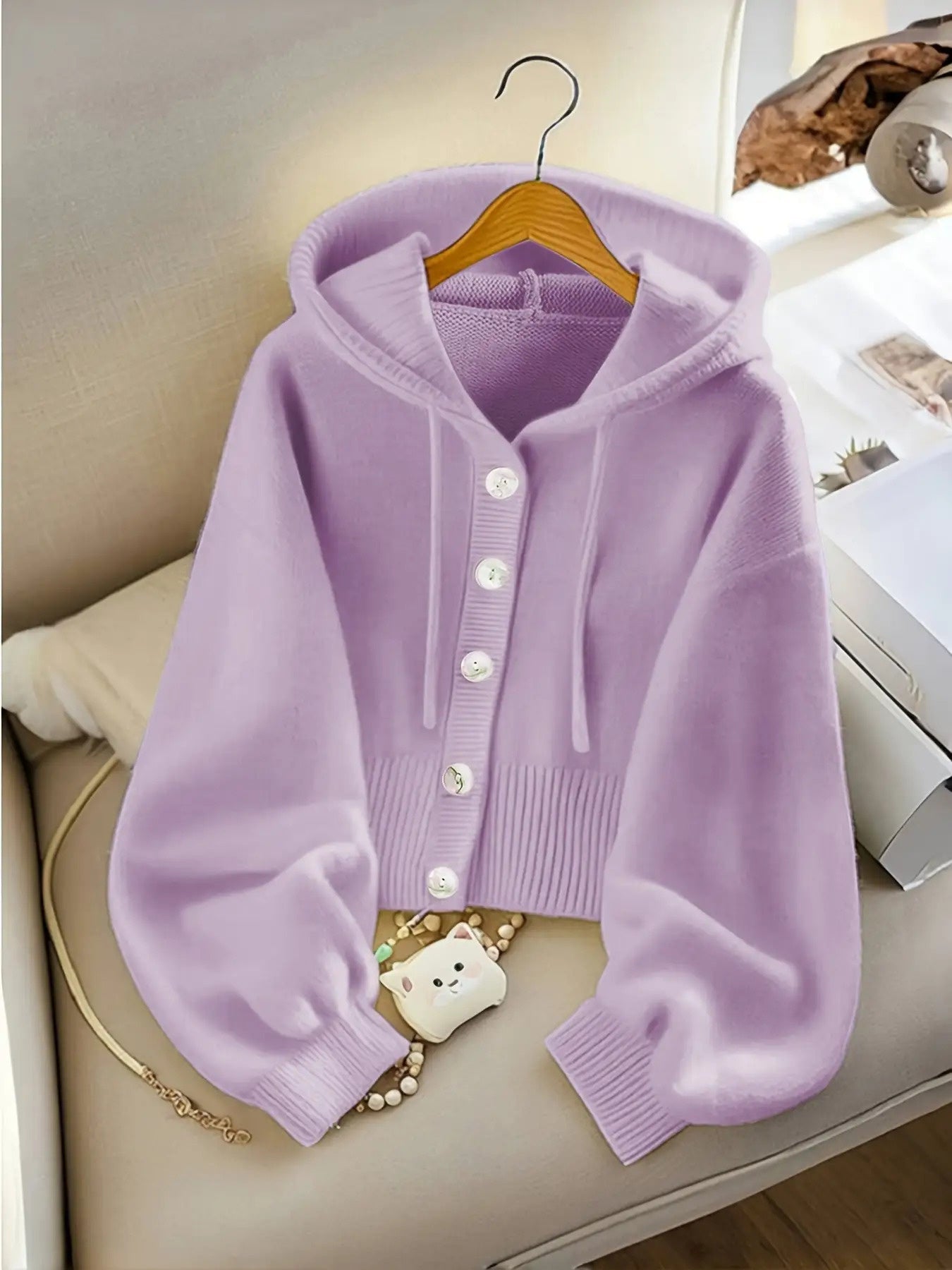 Women'S Ivory Yellow Oversized Hooded Cardigan - Soft Button-Front Sweater with Chest Pocket