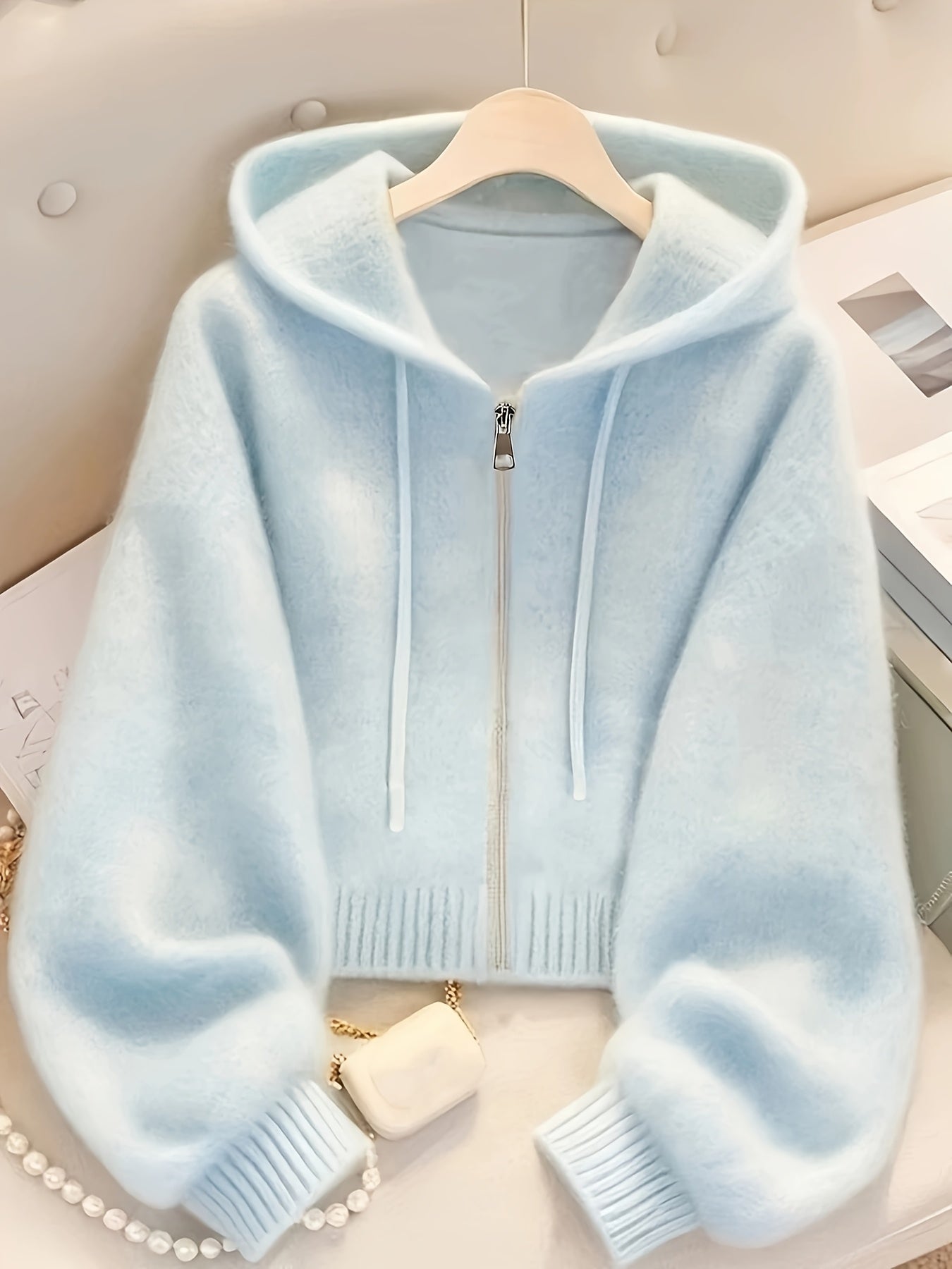 Women's Soft Pink Zip-Up Hooded Cardigan - Casual Chic Long Sleeve Open Front Sweater with Medium Stretch