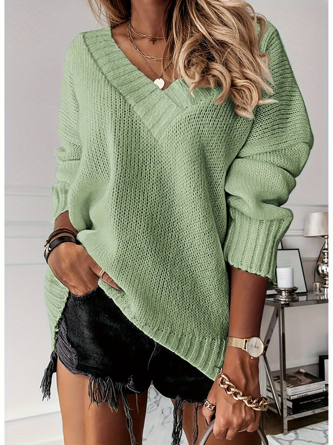 Womens Loose Sweaters Sexy V Neck Long Sleeve Solid Knitted Jumper Pullover Sweatshirt Tops