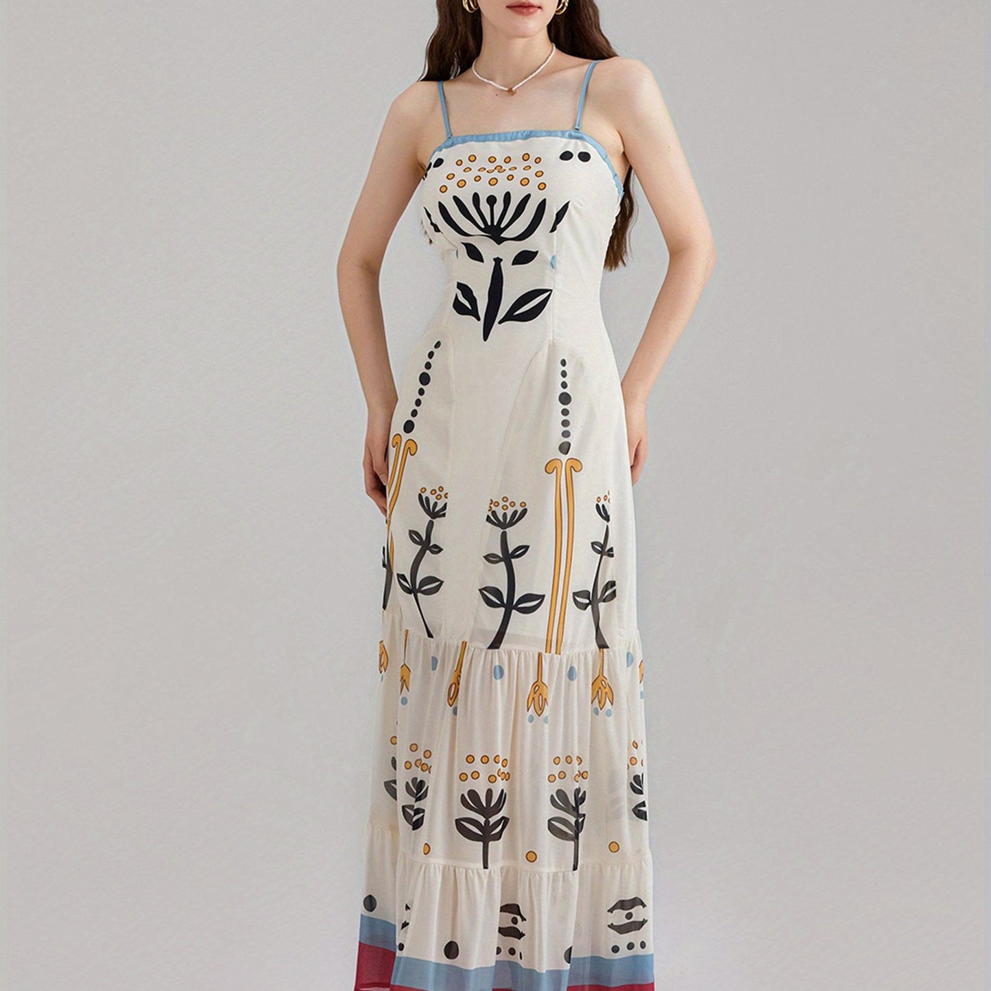 1pc Bohemian Floral Print Maxi Dress, Polyester Spaghetti Strap Fitted Elegant Gown for Women