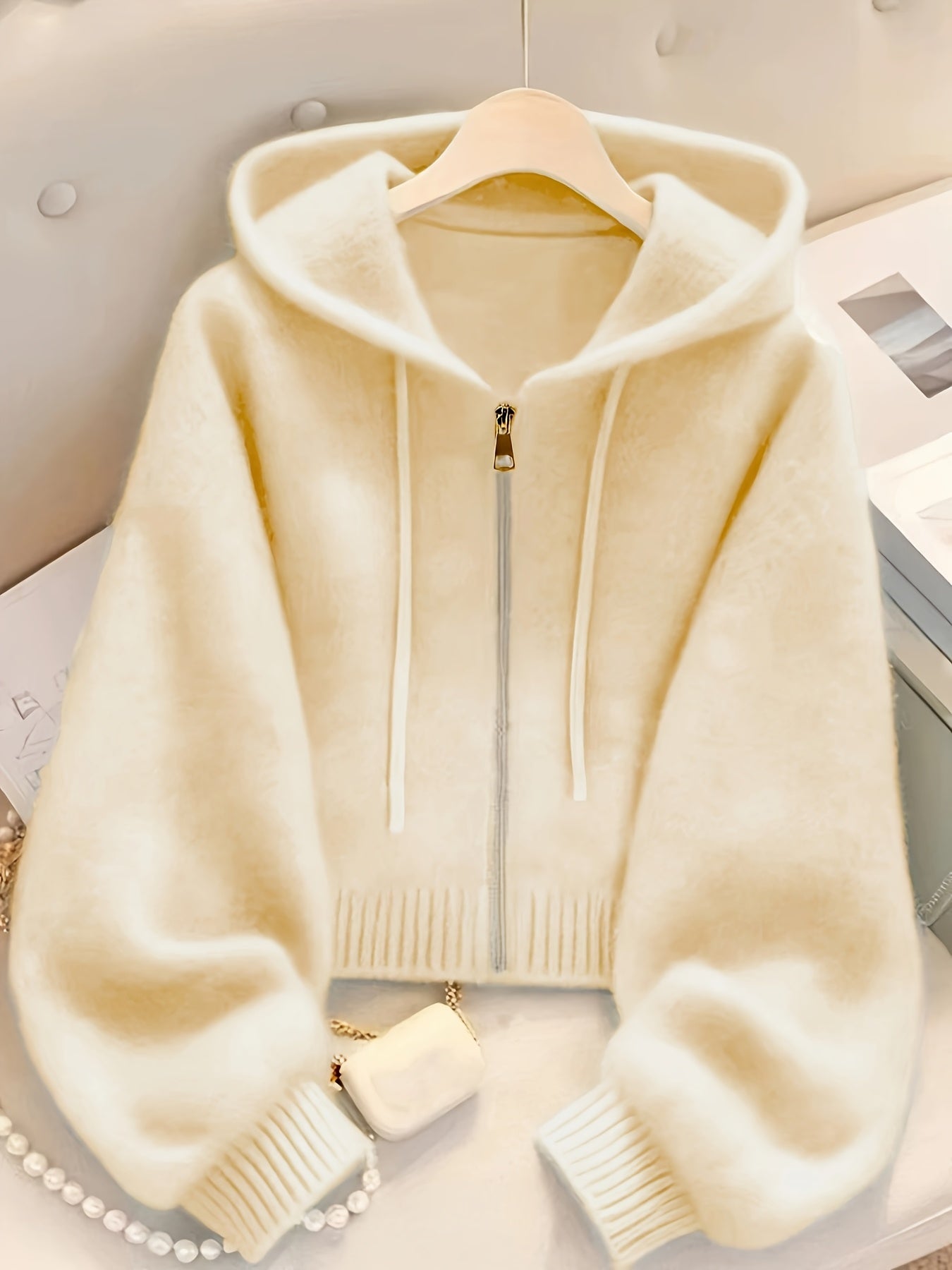 Women's Soft Pink Zip-Up Hooded Cardigan - Casual Chic Long Sleeve Open Front Sweater with Medium Stretch