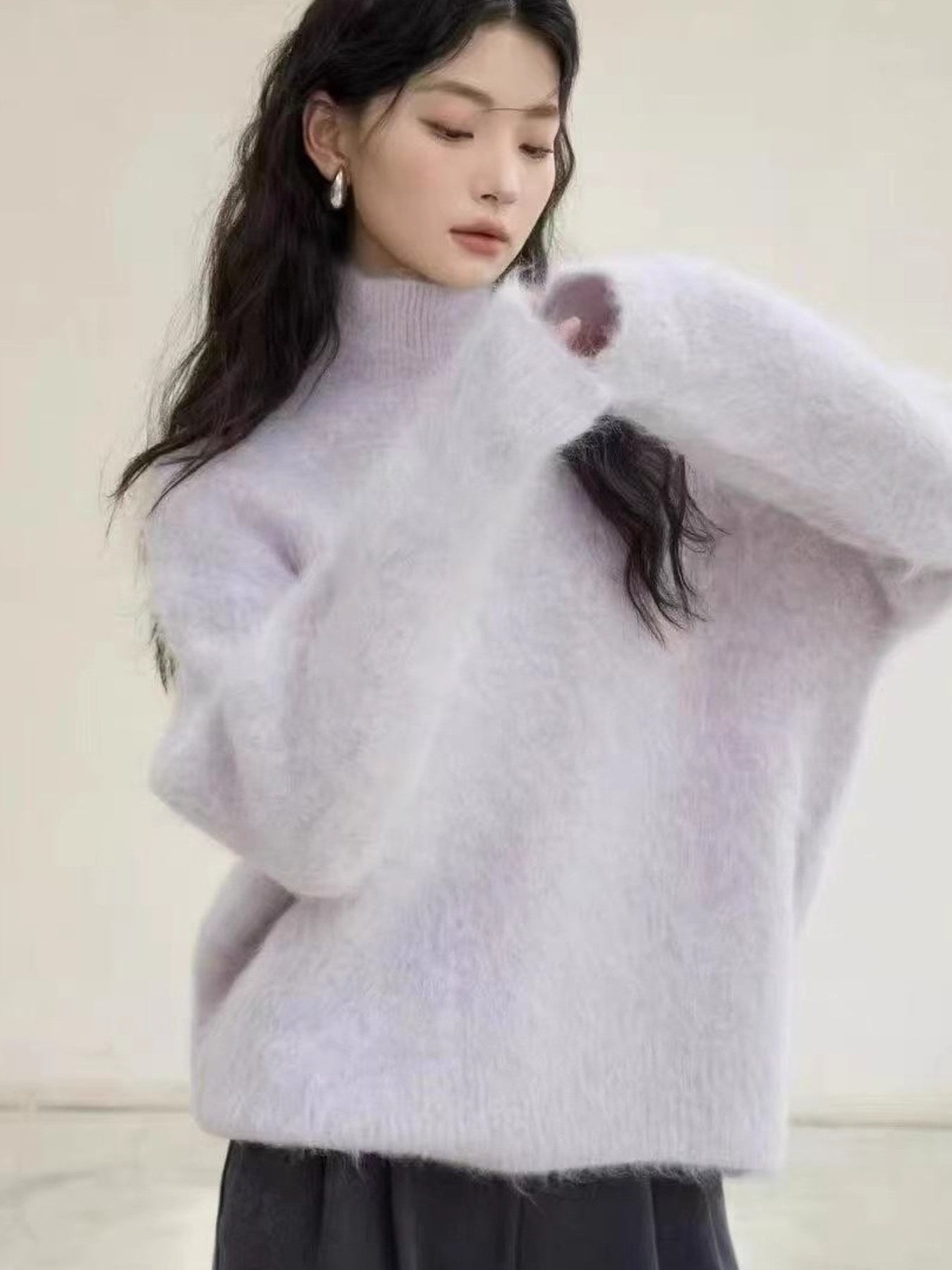 Women'S Elegant Faux Mink High Neck Sweater - Soft Thick Winter Sweater with Ribbed Collar & Long Sleeves
