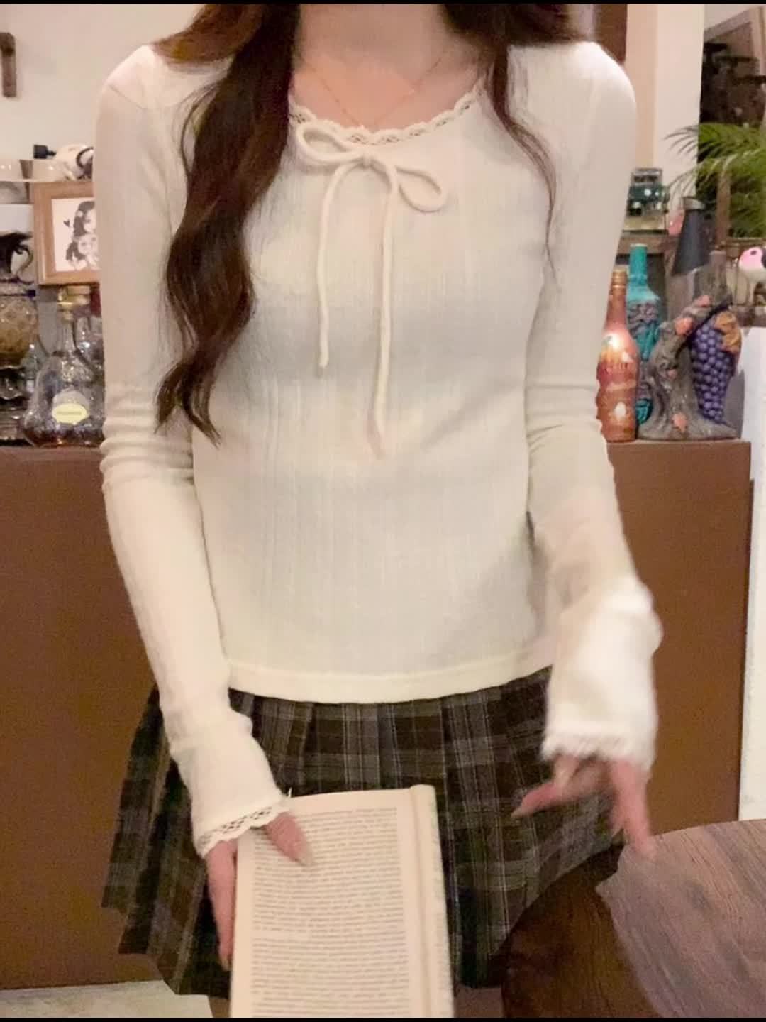 French Lace Trim Bow Tie Long Sleeve Women's T-Shirt Top - New Autumn\u002FWinter Slim Fit Casual Elegant Base Layer