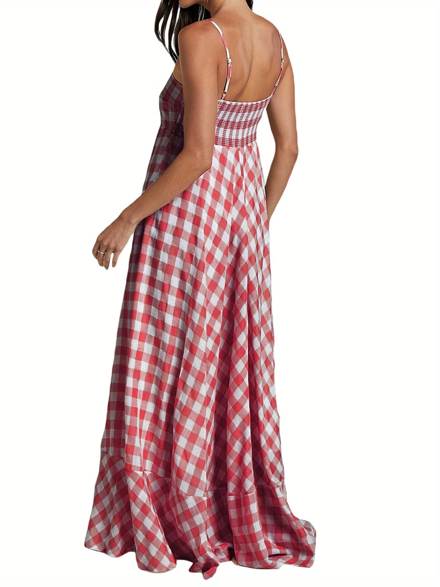 1pc Boho Chic Women'S Summer Maxi Dress - Plaid A-Line Sundress with Off the Shoulder Spaghetti Straps
