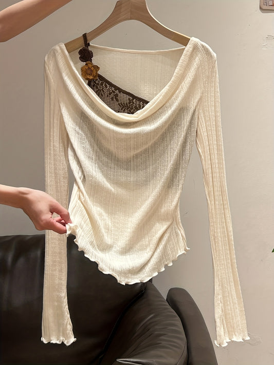 Women's Elegant Layered Short Blouse - Ruffled Collar & Hem Short-Sleeve-like Long Sleeve Tunic Top