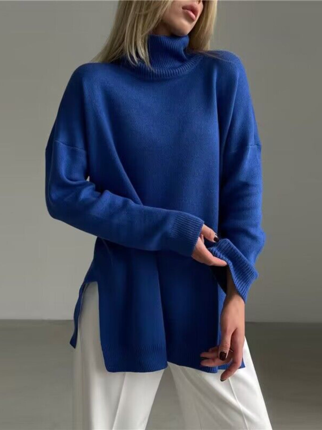 Women's Elegant High Neck Turtleneck Sweater - Oversized Loose Fit Long Sleeve Sweater with White Piping Trim