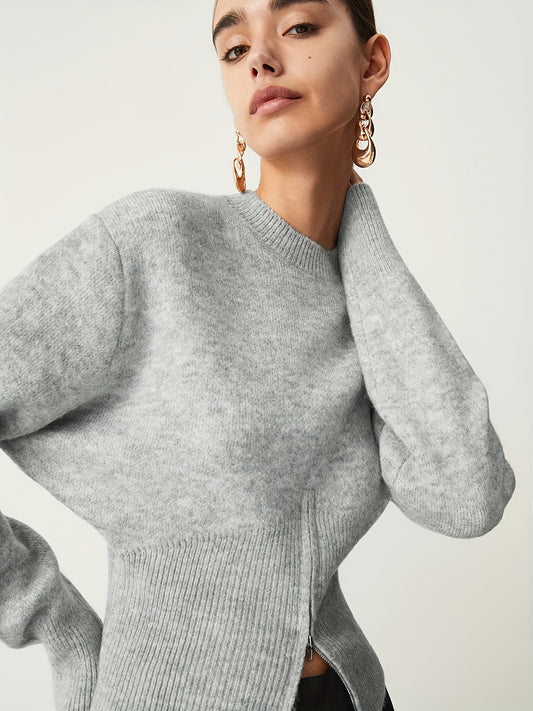 Women's Elegant Zip-Up Sweater with Front Zipper Closure - Structured Fit Asymmetrical Hem Pullover