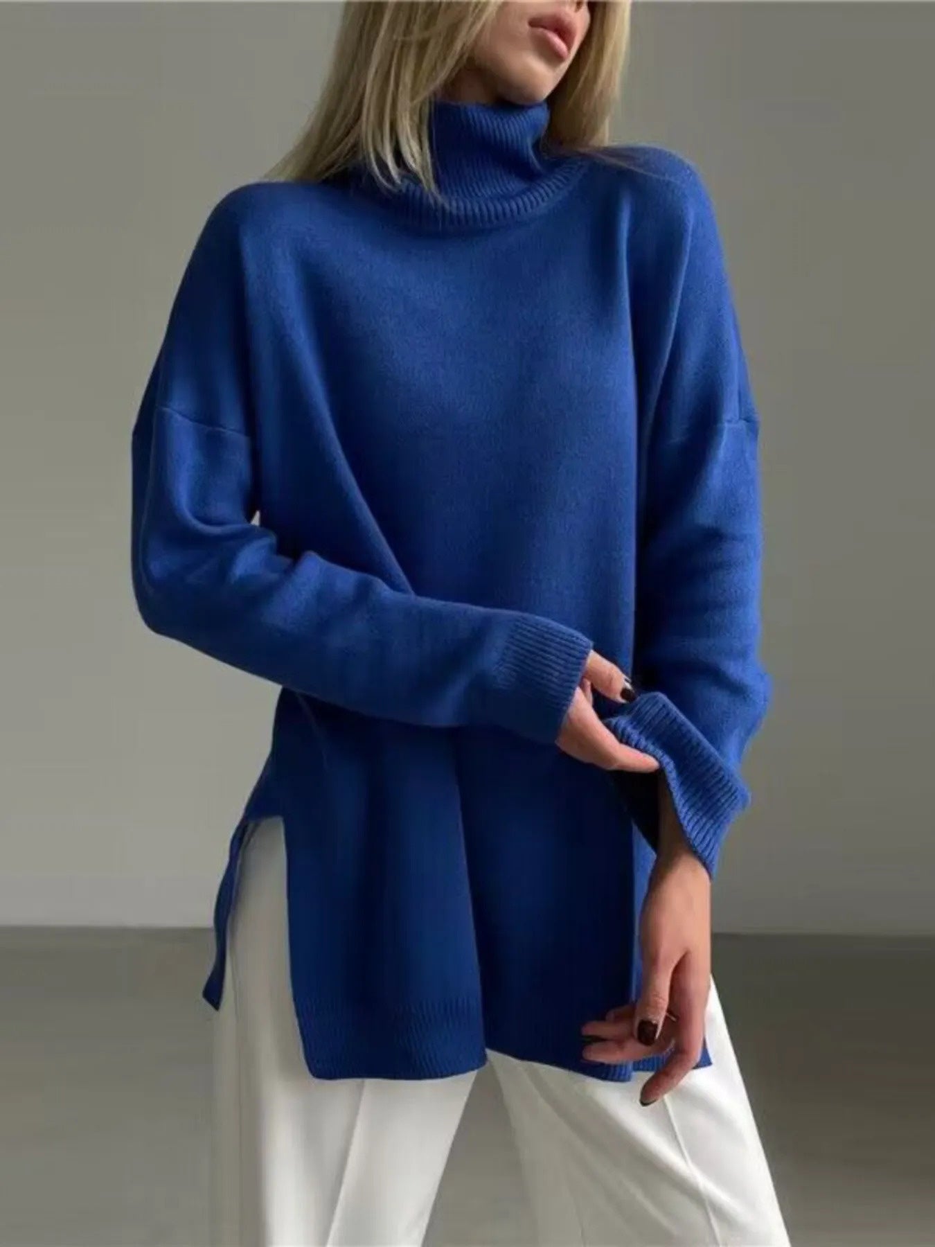 Women's Elegant High Neck Turtleneck Sweater - Oversized Loose Fit Long Sleeve Sweater with White Piping Trim