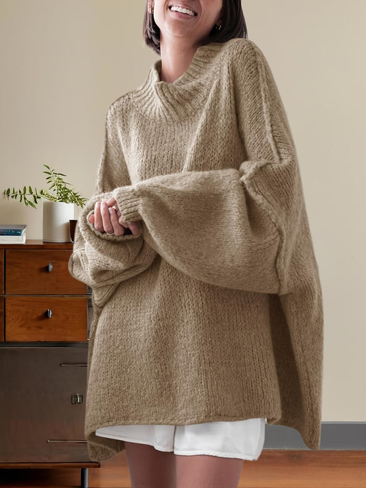 Women'S Oversized Batwing Sweater - Soft Stretchy Ribbed Tunic with Mock Neck & Asymmetrical Hem