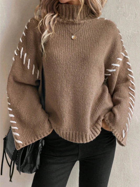 Women'S Coffee-Brown Contrast-Stitching Turtleneck Sweater - Minimalist Elegant High Neck Top with Piping Trim