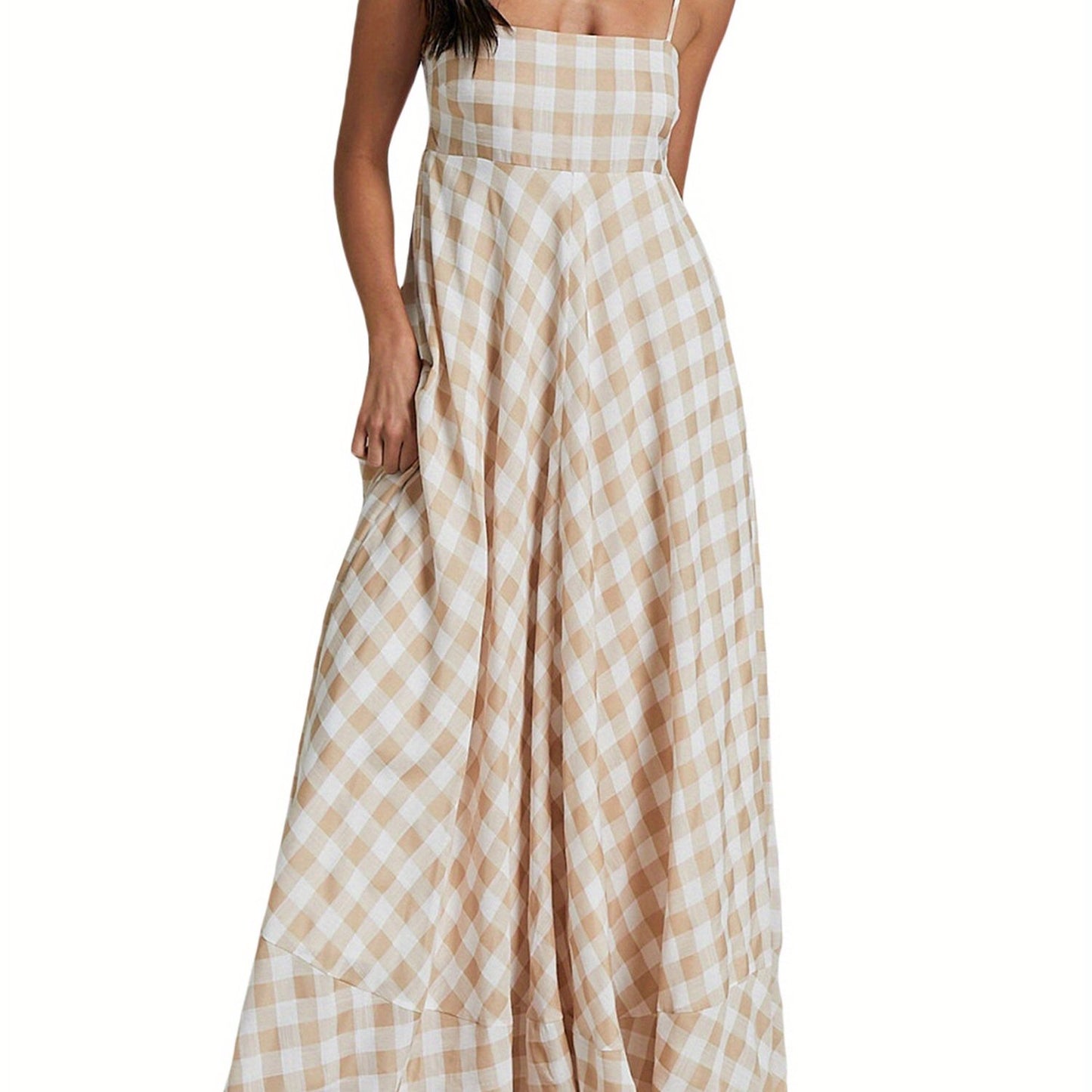 1pc Boho Chic Women'S Summer Maxi Dress - Plaid A-Line Sundress with Off the Shoulder Spaghetti Straps