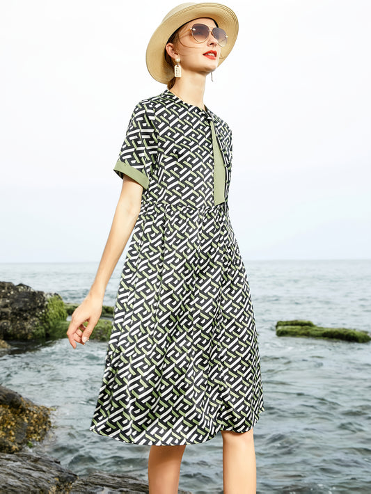 Women'S Elegant Black & Green Floral-like print - Breathable Formal & Casual Dresses