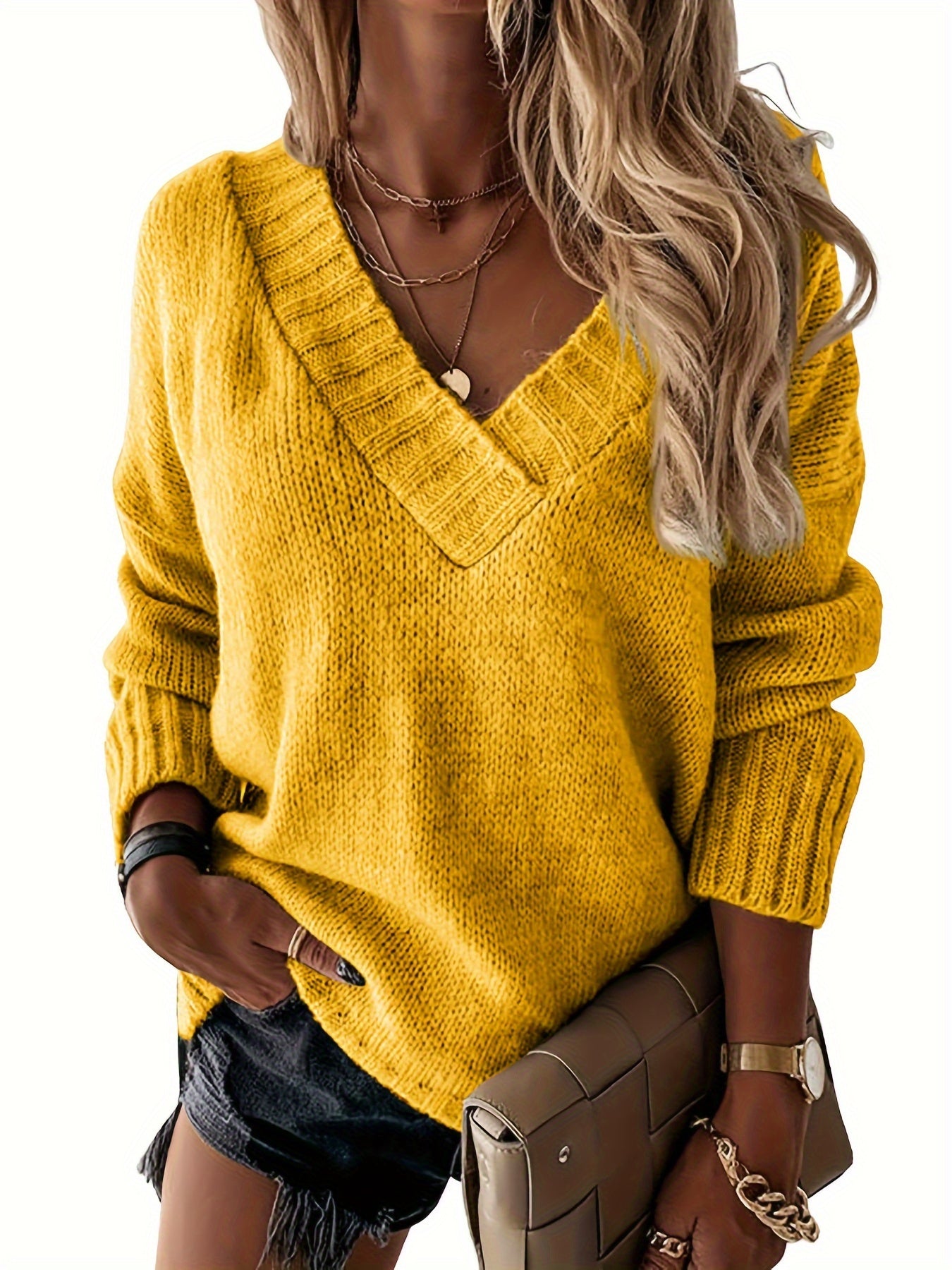 Womens Loose Sweaters Sexy V Neck Long Sleeve Solid Knitted Jumper Pullover Sweatshirt Tops